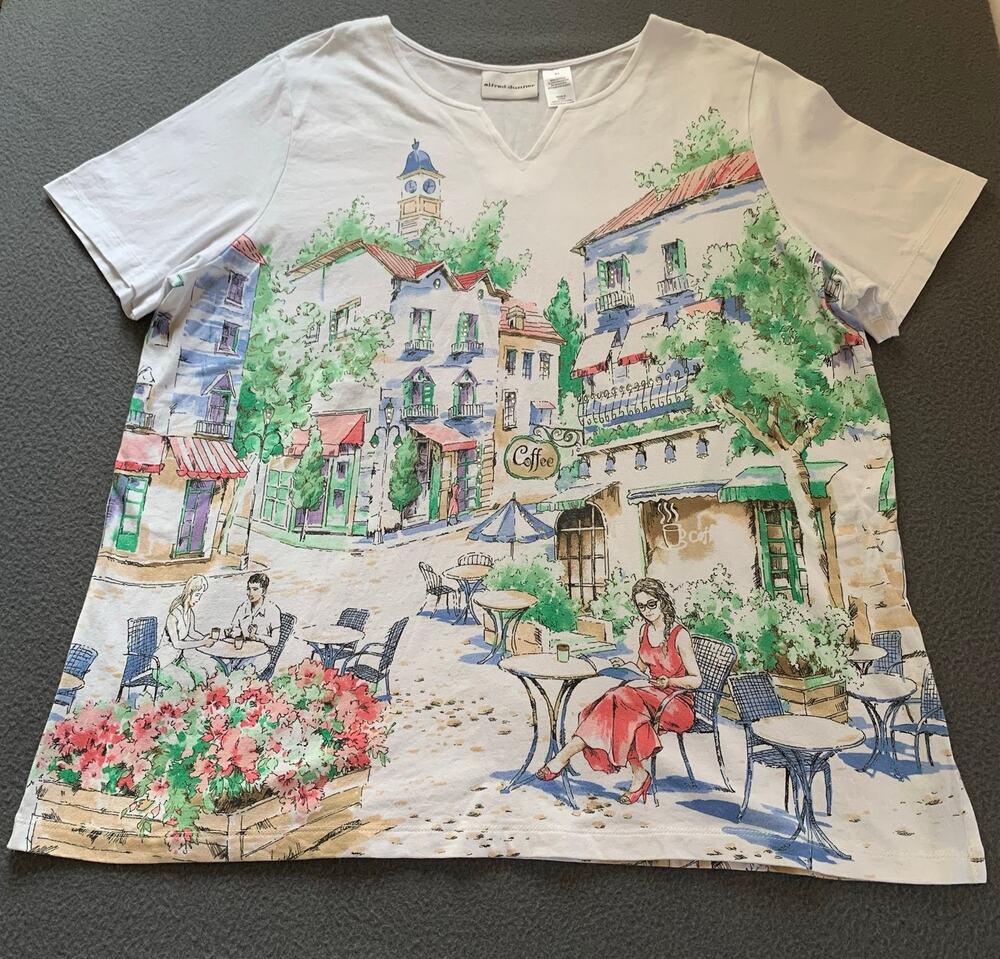 Alfred Dunner Scenic Cafe Village Print Top Rhinestone Embellished Short Sleeve